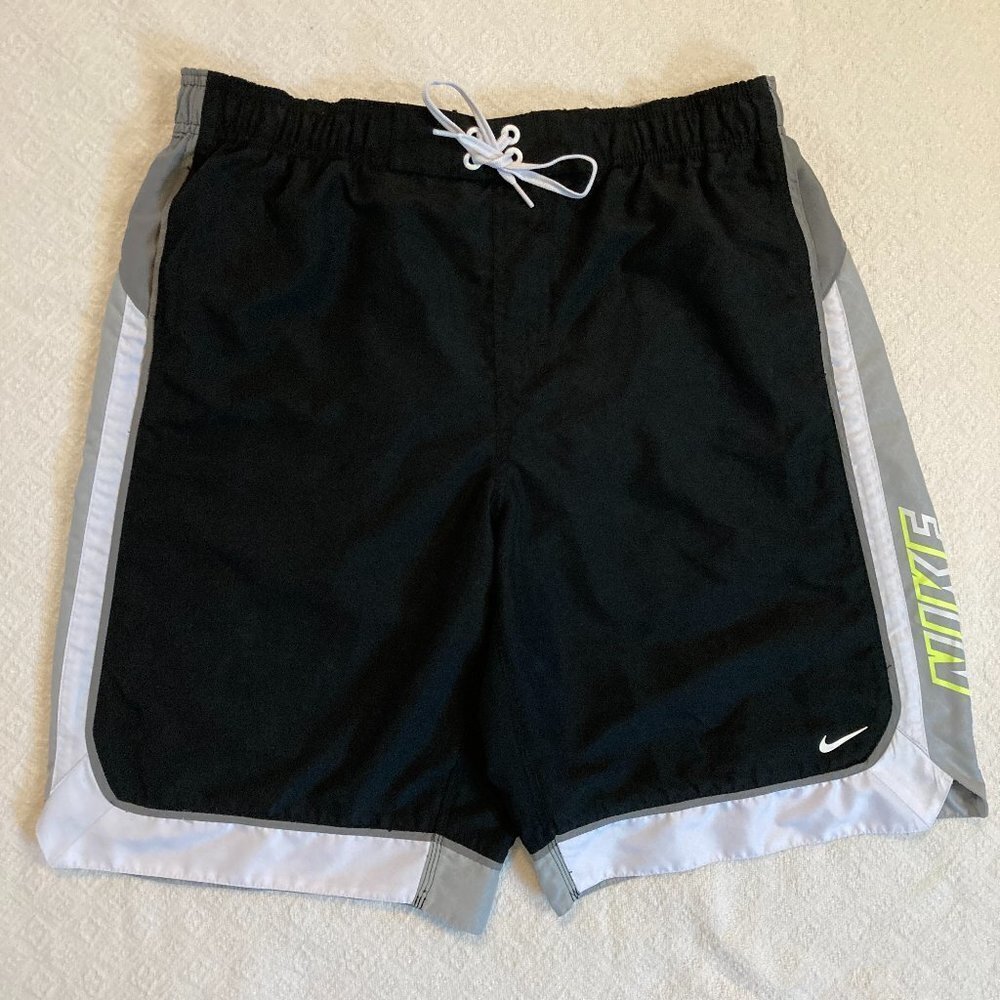 Nike black gray and white lined swim trunks with pockets size Large